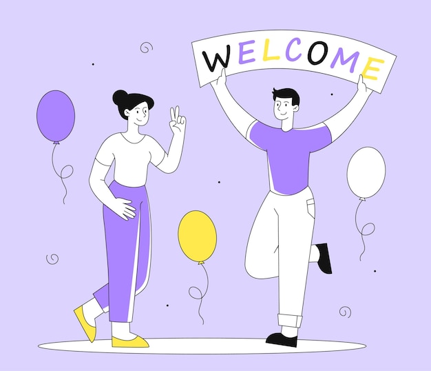 Welcome new employee line concept young guy with placard near girl party with colorfull balloons