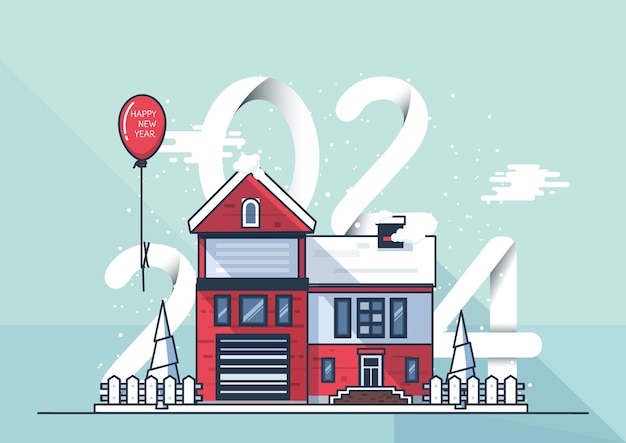 Vector welcome to the new year 2024 house covered number 2024 and lettering happy new year