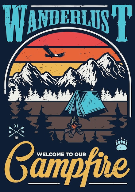 Welcome to our campfire poster with mountains and a sunset