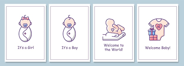 Welcome party for newborn baby greeting cards with color icon element set. Gender reveal. Postcard vector design. Decorative flyer with creative illustration. Notecard with congratulatory message