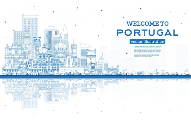 Vector welcome to portugal outline city skyline with blue buildings and reflections