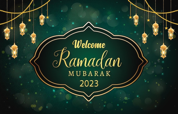 ベクトル ようこそラマダン カリーム 2023 テンプレート バナー エレガントなイスラム装飾と抽象的なグラデーション グリーンと豪華な背景