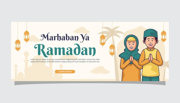 Vettore benvenuto ramadan kareem illustrazione islamica saluti sulla pagina di copertina banner