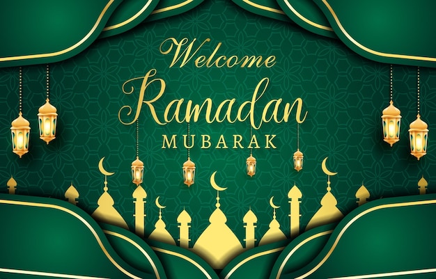 Welcome ramadan mubarak 2023 with abstract gradient dark green background design