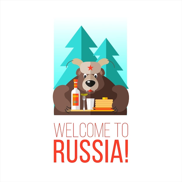 Benvenuto in russia. orso russo con un cappello. illustrazione vettoriale.