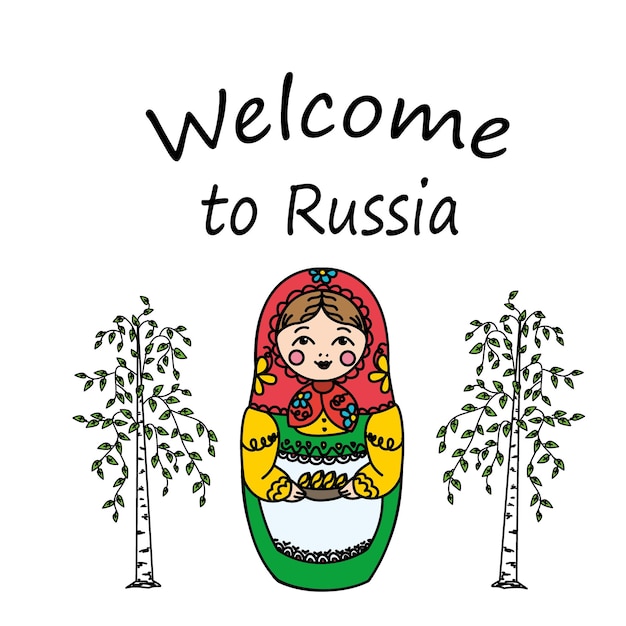 Welcome to Russia Russian dolls matryoshka and birch Vector illustration