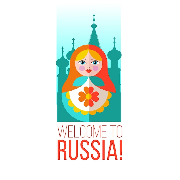 Vector welcome to russia. vector illustration. russian souvenir doll matryoshka doll.