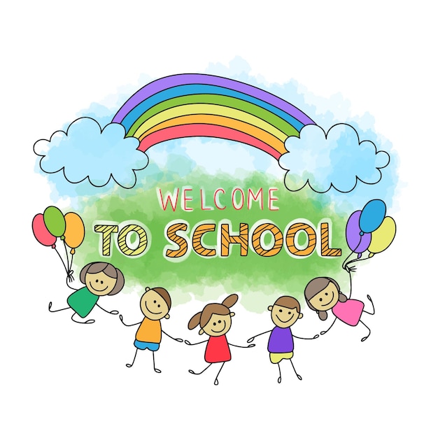 Vector welcome to school handwritten quotes cute cartoon kids joyful with balloons rainbow