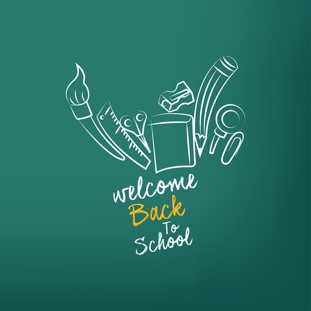 Welcome to school text drawing by colorful chalk on chalkboard with school items and items