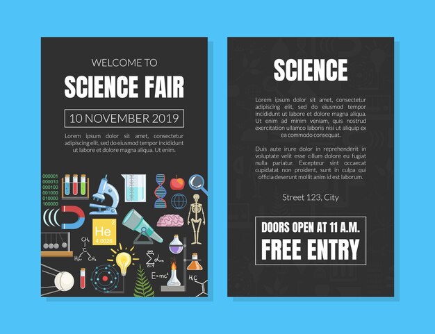 Vector welcome to science fair invitation card template scientific conference advertising flyer poster promotional material vector illustration