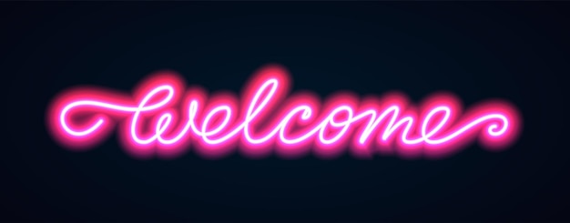 Vector welcome script neon extra glowing banner glow bright club signboard wavy line inscription on dark wall illuminated with led lamps night show open advensing announcement fluorescentled tube light