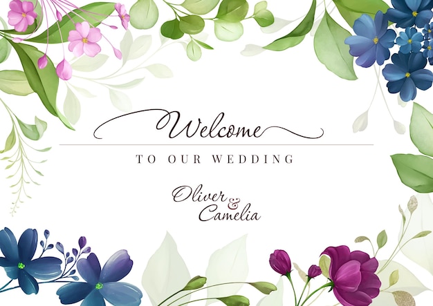 Vector welcome sign for wedding with purple roses watercolor and leaves