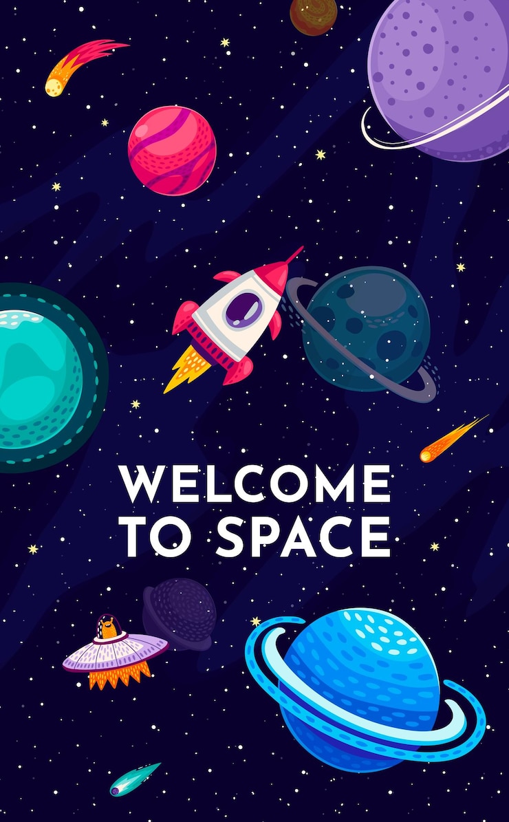 Vector welcome to space banner with ufo and galaxy planet