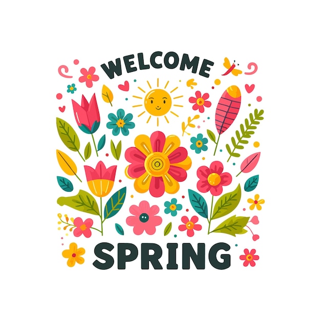 Vector welcome spring background with colorful flowers flat vector illustration