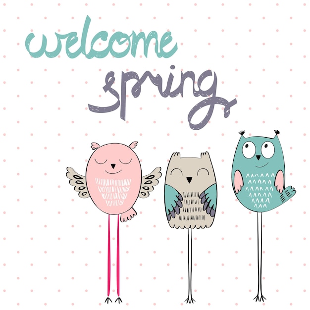 Welcome spring greeting card with funny owls in vector