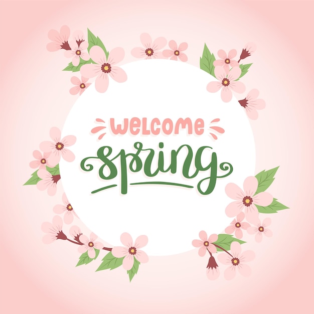 Vector welcome spring lettering with cherry blossom frame