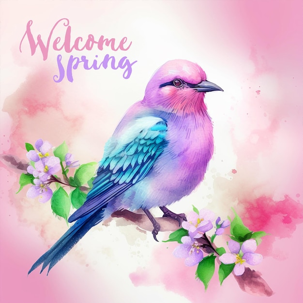 Vector welcome spring lilacbreasted roller bird watercolor paint