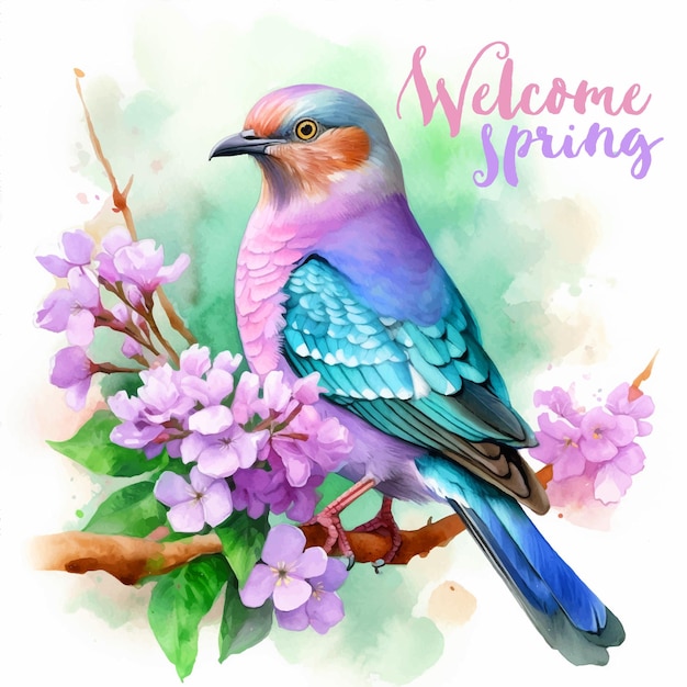 Vector welcome spring lilacbreasted roller bird watercolor paint
