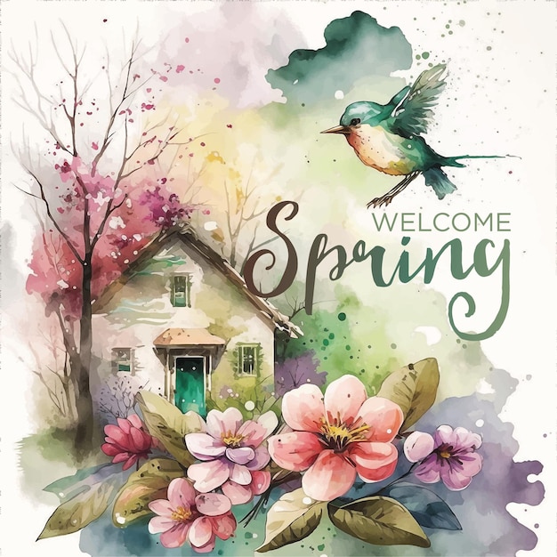 Welcome Spring watercolor paint ilustration