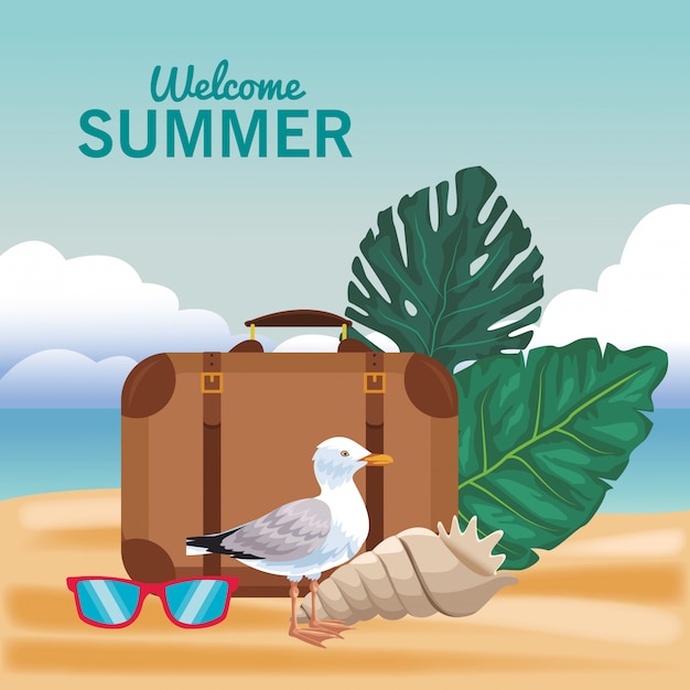 Welcome summer luggage and stork with sunglasses 