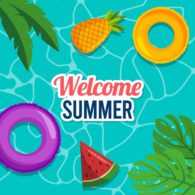 スイカとスイカの輪を持つ、ようこそ夏のポスター。