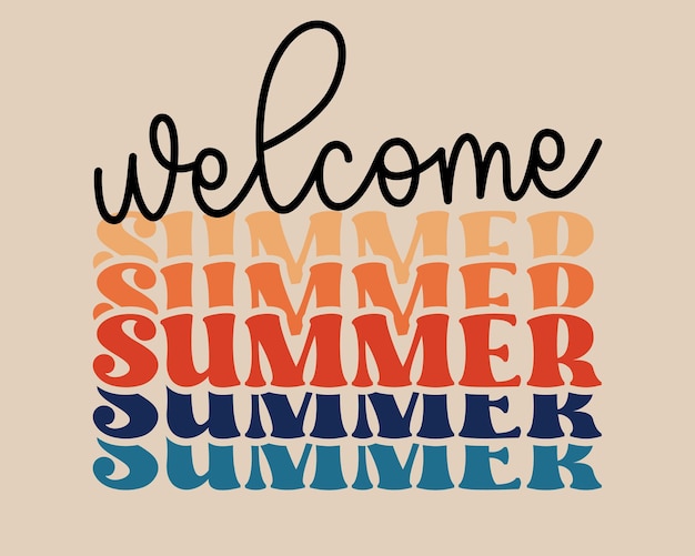 Welcome Summer는 복고형 그루비 빈티지 반복 텍스트 타이포그래피 아트(복숭아색 배경 포함)를 인용합니다.