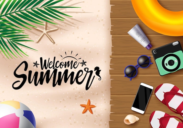 Vector welcome summer vector background design welcome summer text in sand with wood and beach