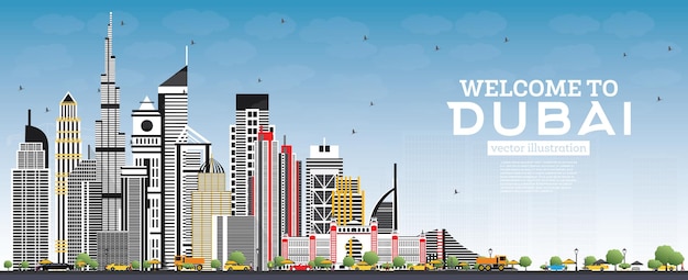 회색 건물과 푸른 하늘이있는 두바이 Uae 스카이 라인에 오신 것을 환영합니다.