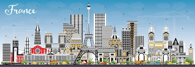 灰色の建物と青い空のあるフランスのスカイラインへようこそ。ベクトルイラスト。歴史的建造物と観光の概念。ランドマークのあるフランスの街並み。トゥールーズ。パリ。リヨン。マルセイユ。