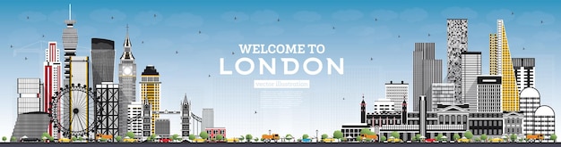 회색 건물과 푸른 하늘이있는 런던 영국 스카이 라인에 오신 것을 환영합니다. 랜드 마크와 런던 풍경입니다.
