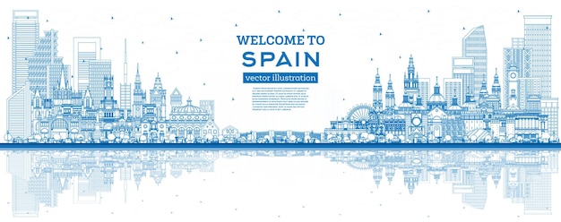 スペインへようこそ青い建物と反射のある都市スカイラインの概要歴史的建造物ランドマークのあるスペインの都市景観