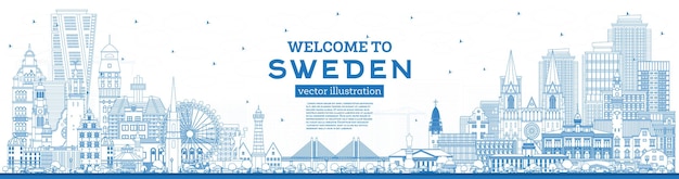 파란색 건물과 반사가 있는 스웨덴 개요 도시 스카이라인에 오신 것을 환영합니다.