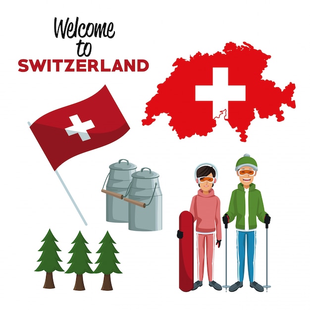 전통적인 요소와 스키어 사람들과 스위스에 오신 것을 환영합니다