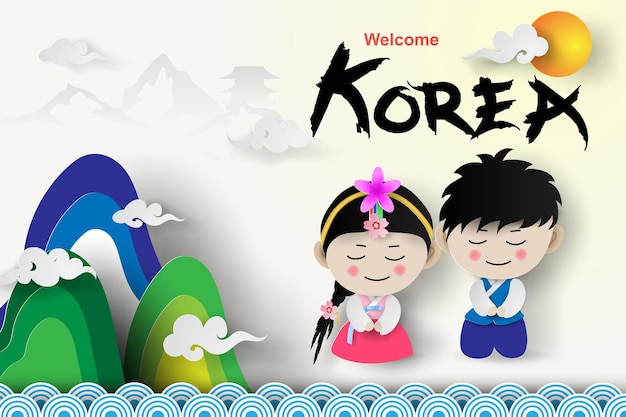 Welcome Travel tourism Korea traditional cute boy and girl in Korean costume