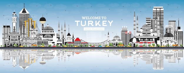 Benvenuti in turchia skyline con edifici grigi, cielo blu e riflessi. illustrazione. concetto di turismo con architettura storica. paesaggio urbano della turchia con punti di riferimento