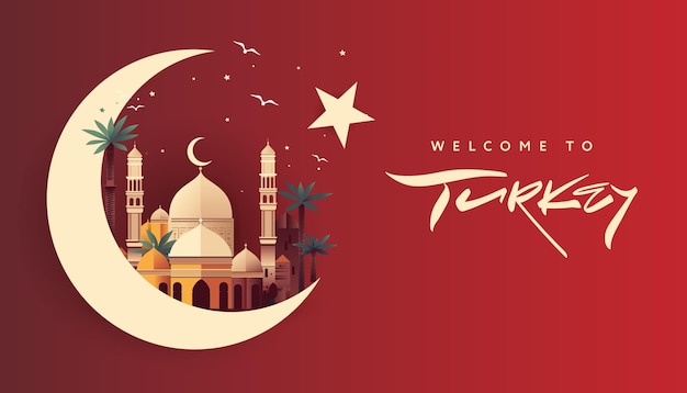 Добро пожаловать в туристический плакат Турции с лунной звездой и векторной иллюстрацией мечети