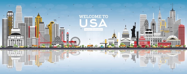 Welcome to USA Skyline with Gray Buildings, Blue Sky and Reflections. Famous Landmarks in USA. Vector Illustration. Tourism Concept with Historic Architecture. USA Cityscape with Landmarks.
