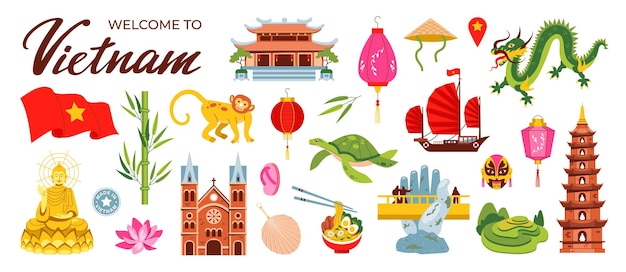 Vector welcome to vietnam asian shrines buddhism trouble temple bamboo and dragon chinese lanterns