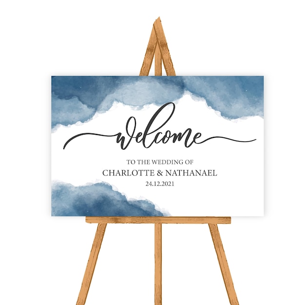 Vector welcome to the wedding of wedding calligraphic sign with watercolor and wood tablet