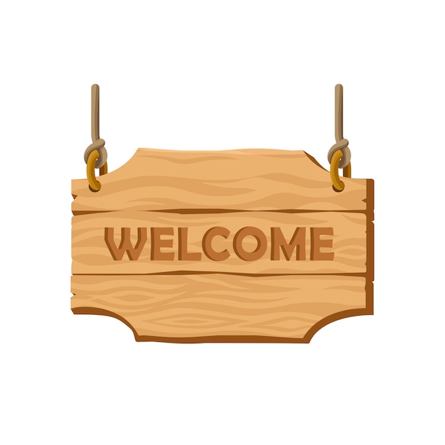 Welcome wooden signpost on ropes cartoon vector illustration Isolated wooden sign made of bricksTavern sign