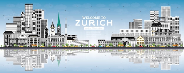 Welcome to Zurich Switzerland Skyline with Gray Buildings, Blue Sky and Reflections