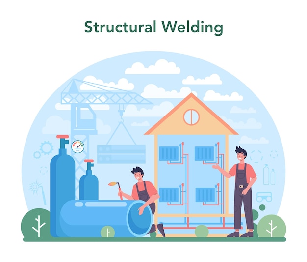 용접기 및 용접 서비스 개념 보호 마스크와 장갑을 낀 전문 용접공 균일한 용접 금속 파이프와 철강 산업 직업 벡터 일러스트 레이 션으로 만든 건설 남자