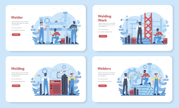 溶接機および溶接サービスのコンセプトのwebバナーまたはランディングページセット。保護マスクと手袋のプロの溶接工。均一な溶接金属パイプと建設の男。