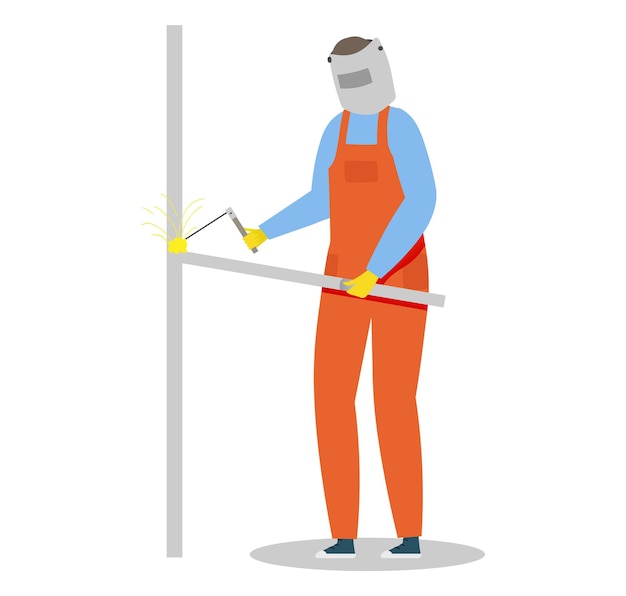 Welder in orange uniform and safety gear welding metal pipe industrial worker performing welding