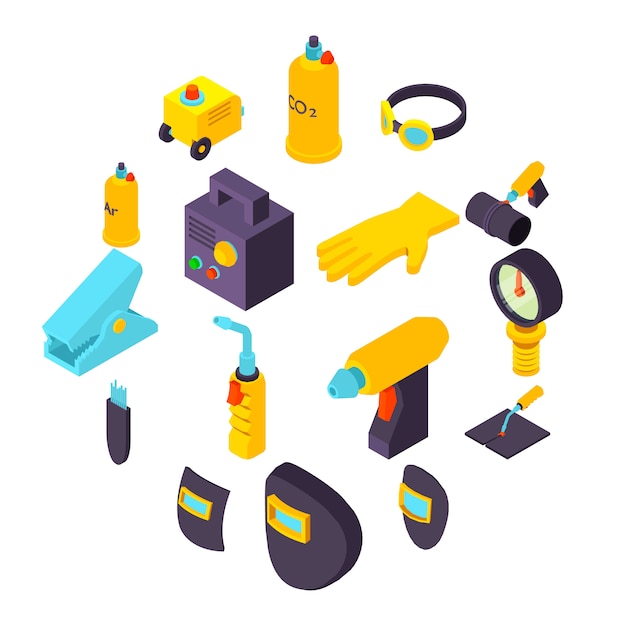 Welding tools icons set, isometric style