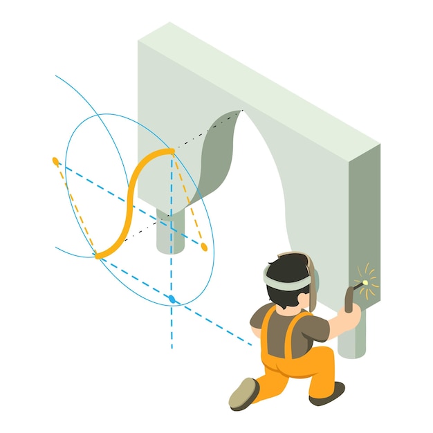 Vettore vettore isometrico dell'icona del lavoro di saldatura il saldatore esegue lavori di saldatura vicino all'arco riccio progettazione della ricostruzione dell'edificio