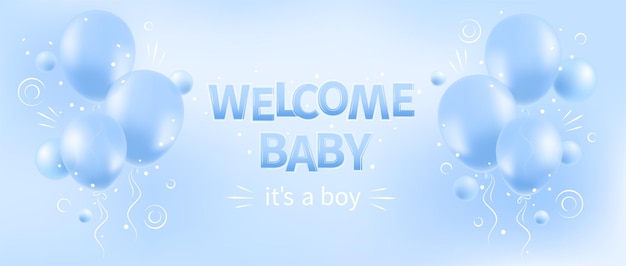 Welkom baby Baby showeruitnodiging met heliumballonnen op blauwe achtergrond Het is een jongen