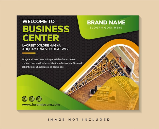 Welkom bij business center flyer ontwerpsjabloon horizontale vector zwarte achtergrond voor paginaomslag