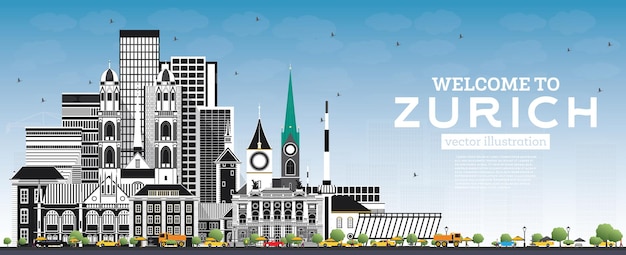 Welkom bij de Skyline van Zürich, Zwitserland met grijze gebouwen en blauwe lucht. Vectorillustratie. Toerismeconcept met historische architectuur. Zürich stadsgezicht met monumenten.