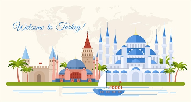 Welkom bij Turkije platte banner vector sjabloon beroemde Turkse architectonische bezienswaardigheden cartoon illustr